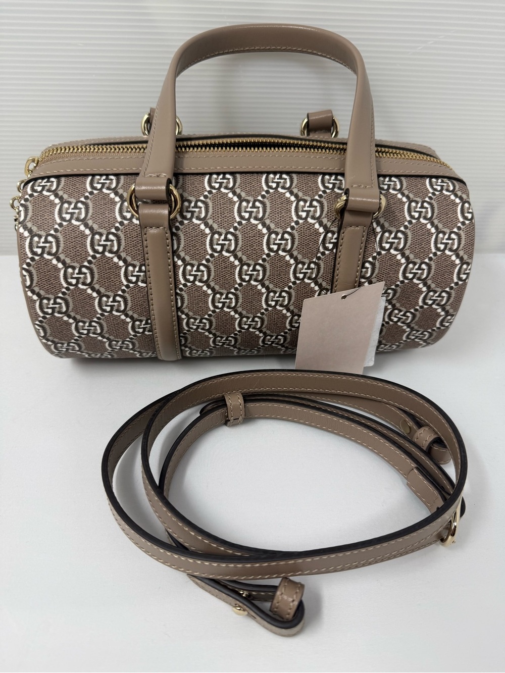 Gucci-Style Beige Patterned Barrel Bag with Detachable Strap